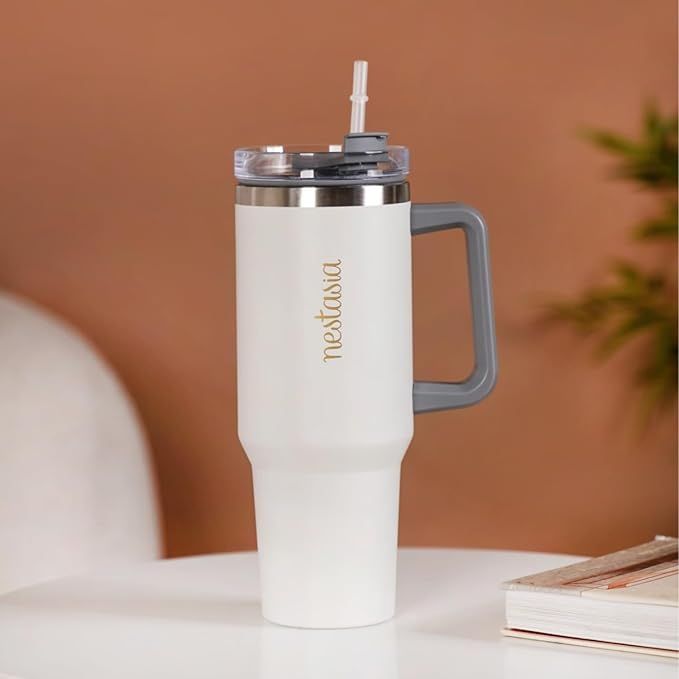 1200ml Stainless Steel Tumbler with Lid and Straw Vacuum Insulated Tumbler Double Wall Reusable Tumbler Bottle with Handle Leak Proof Tumbler for Office, Gym (Beige)